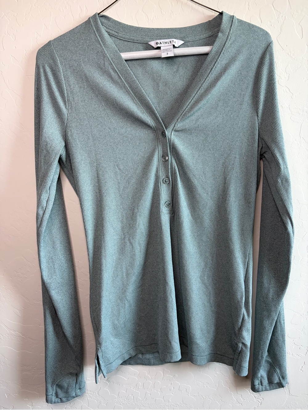 Athleta Sage Green Ribbed V-Neck Henley Long Sleeve Top